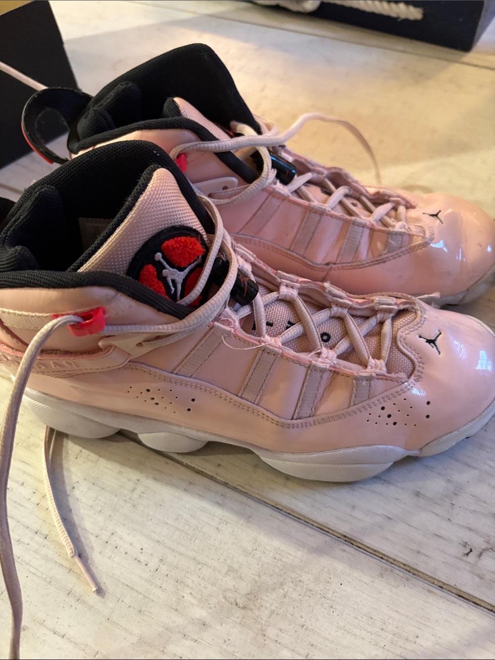 Jordan Kids' Pink Patent Leather Basketball Sneakers with Black Accents